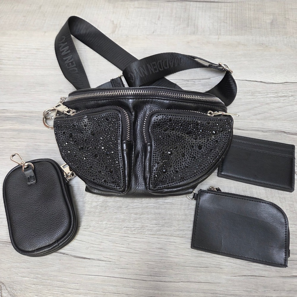 Madden NYC Black Studded Belt Bag Fanny Pack Crossbody MNY-467 Bundle Men Women
